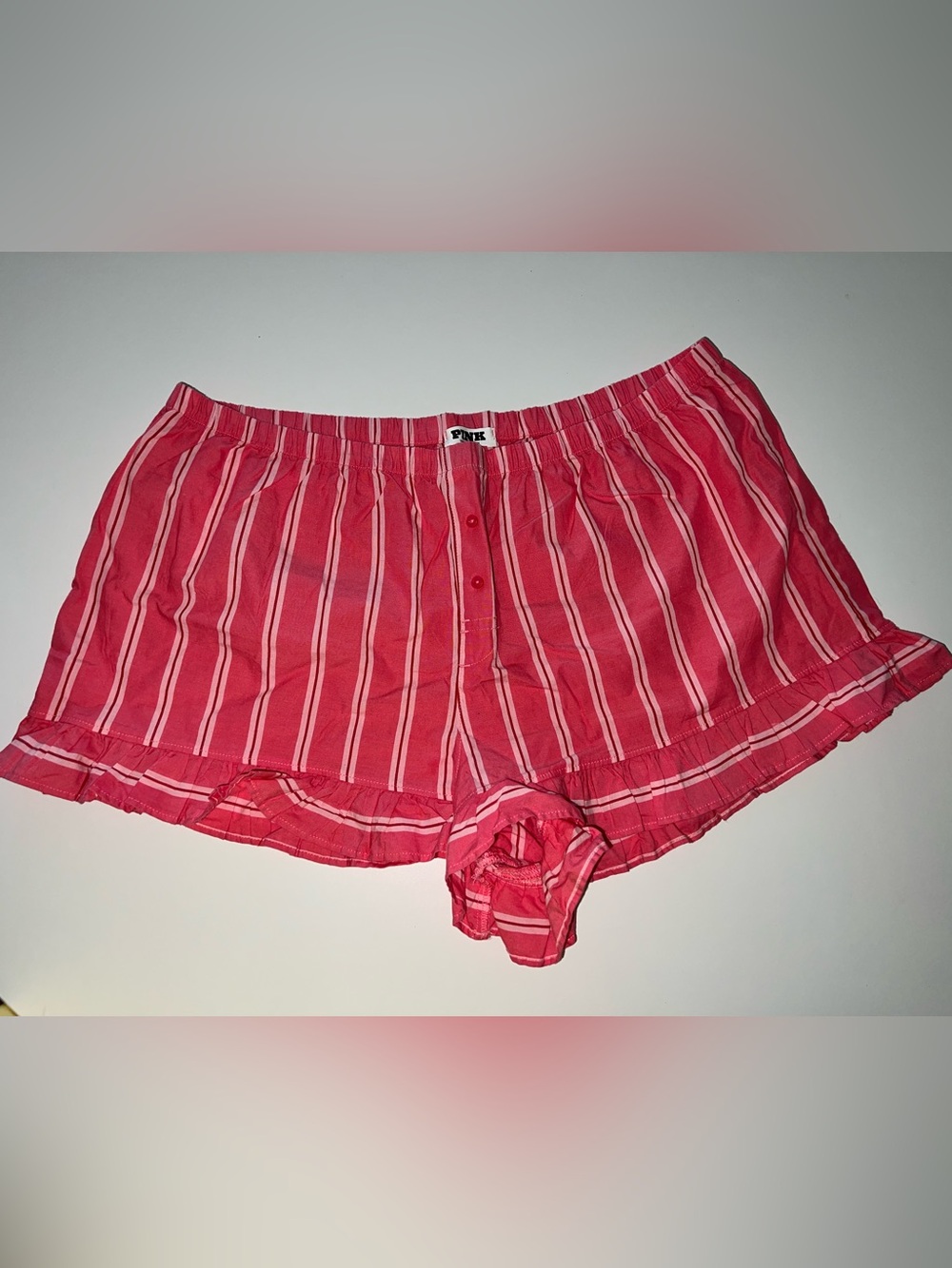 Pink Striped Women's Shorts - Cozy Ruffle Hem